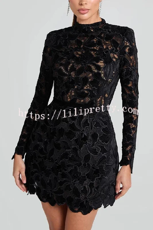 Lydia Embroidered Floral Lace Long Sleeve Belt Tulip Shaped Mini Dress Elegant Lace Mini Dress Lydia Embroidered Floral Lace Long Sleeve Belt Tulip Shaped Mini Dress Elegant Lace Mini Dress