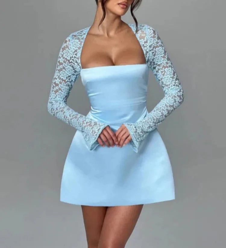A&A Long Sleeve Lace Square Collar A Line Mini Dress Comfortable Fit-and-Flare Mini Dress A&A Long Sleeve Lace Square Collar A Line Mini Dress Comfortable Fit-and-Flare Mini Dress