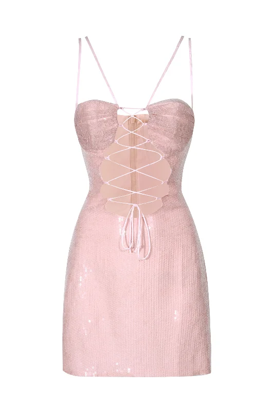 Pink Lace Up Pailette Mini Dress Comfortable Zip-Up Mini Dress