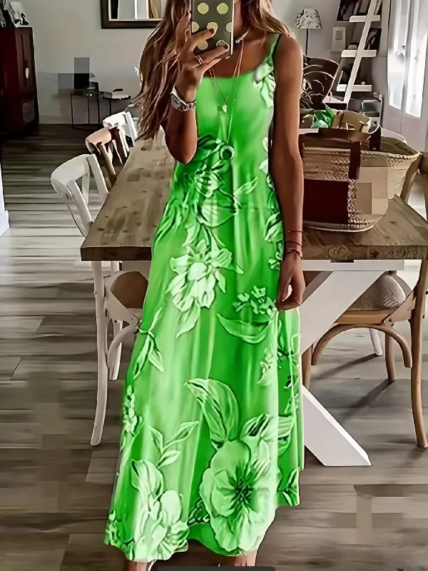 IKEARLAX Elegant Summer Floral Maxi Dress - Stretchy Knit, Spaghetti Strap, Perfect for Vacation & Casual Wear Tunics Luxurious high-end