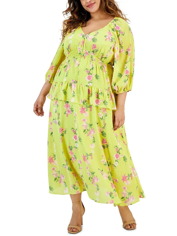 Plus Womens Tiered Smocked Maxi Dress Floral Print girly