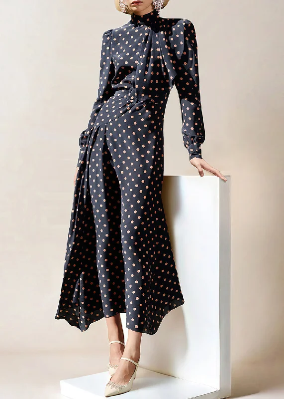 French Navy Zippered Dot High Waist Chiffon Long Dress Fall QR034 Tunics Evening elegant