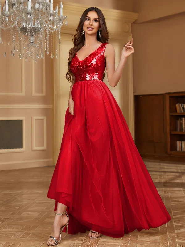 Long Sleeveless V Neck Fit and Flare Sequin Dress - Elegant Solid Color Formal Evening Party Dress with Micro Elasticity - Perfect for Wedding, Occasion, Engagement, Ceremony, and All-Season Events Tunics Seasonal trendy