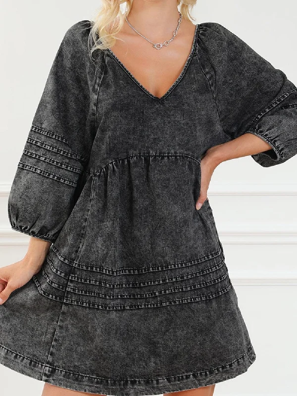 Mini Dress with Puff Sleeves Stylish Ribbed Mini Dress