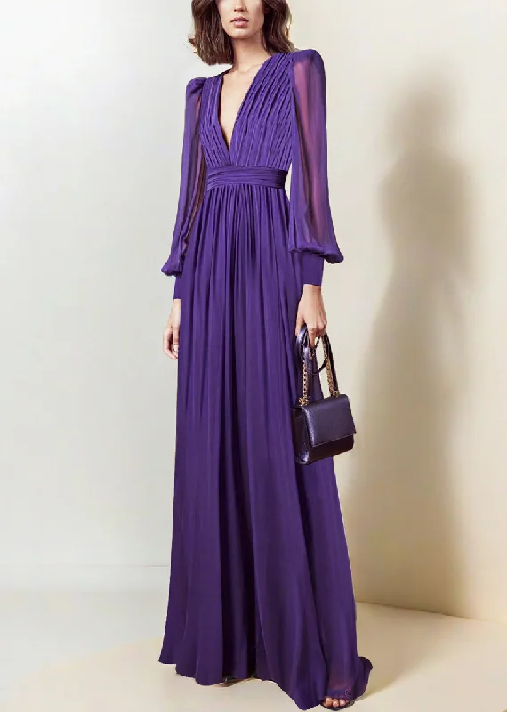 Italian Purple V Neck Wrinkled Chiffon Maxi Dresses Fall QR042 Tunics Trendy modern