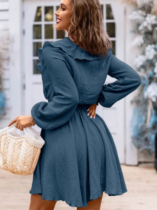 Relaxed Fit Mini Dress, V-Neck, Ruffle Detail Comfortable Linen Mini Dress