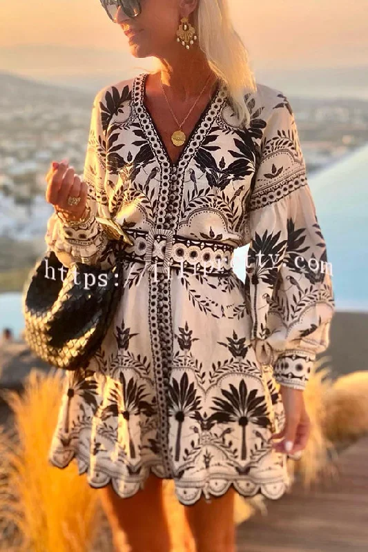 Naiara Palm Print Balloon Sleeve Scalloped Trim Belted Pocket Mini Dress Fashionable A-Line Mini Dress Naiara Palm Print Balloon Sleeve Scalloped Trim Belted Pocket Mini Dress Fashionable A-Line Mini Dress