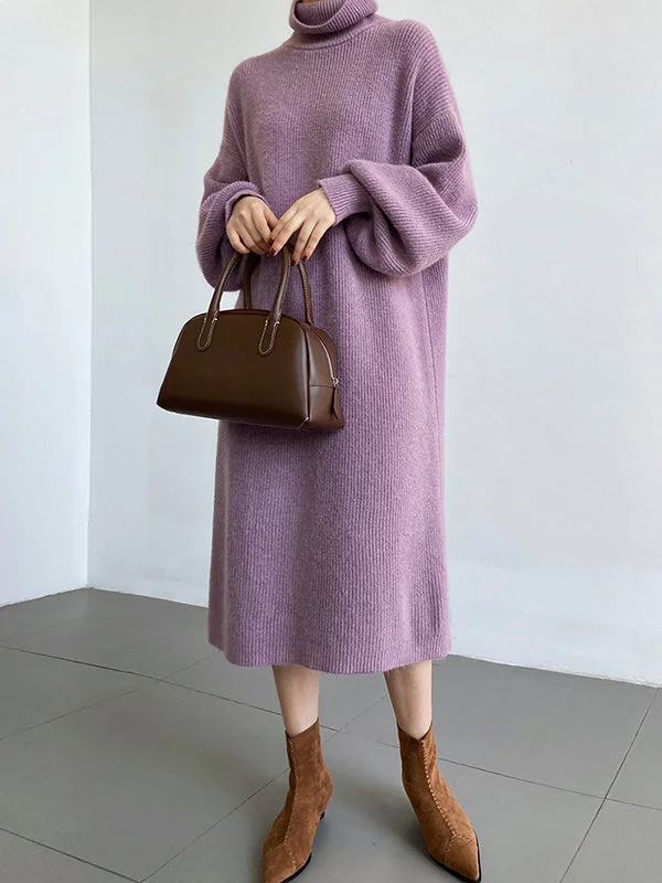 Urban Loose Purple High-Neck Long Puff Sleeve Sweater Dress AN1052 Tunics New arrival