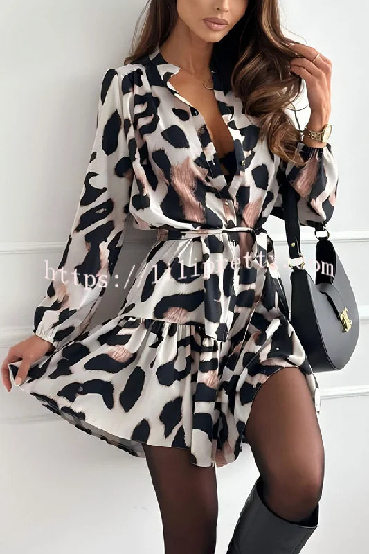Fashion Leopard Print Long Sleeve Tie Waist Mini Dress Trendy Camisole Mini Dress