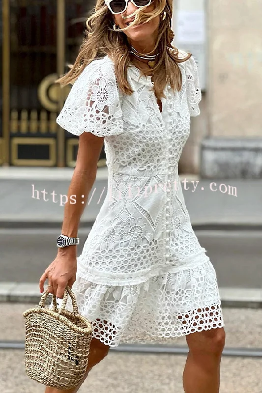 Lilipretty Sweet Valor Crochet Lace Puff Sleeve Button Up Mini Dress Stylish Ruffle Mini Dress Lilipretty Sweet Valor Crochet Lace Puff Sleeve Button Up Mini Dress Stylish Ruffle Mini Dress