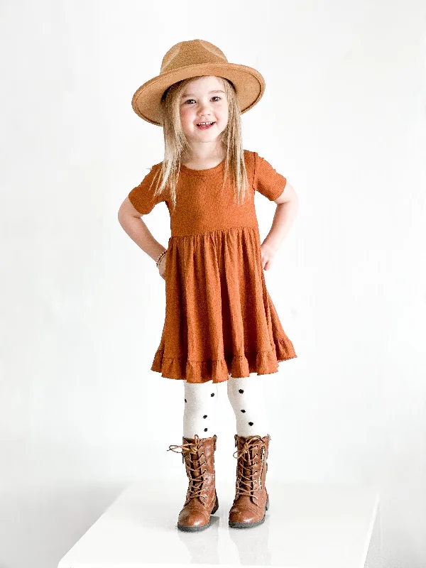 COPPER RIB DREAM RUFFLE DRESS Crew Neckline Casual