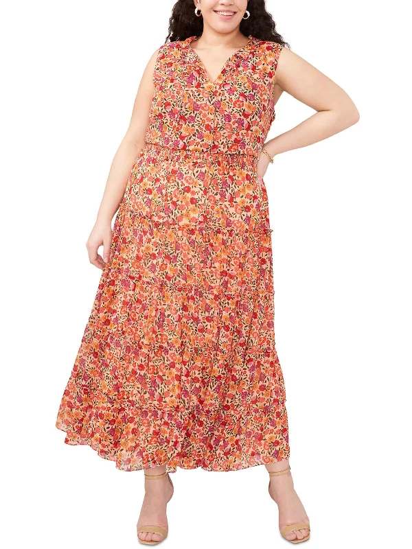 Plus Womens Tie Neck Long Maxi Dress Maxi Flowy Bohemian