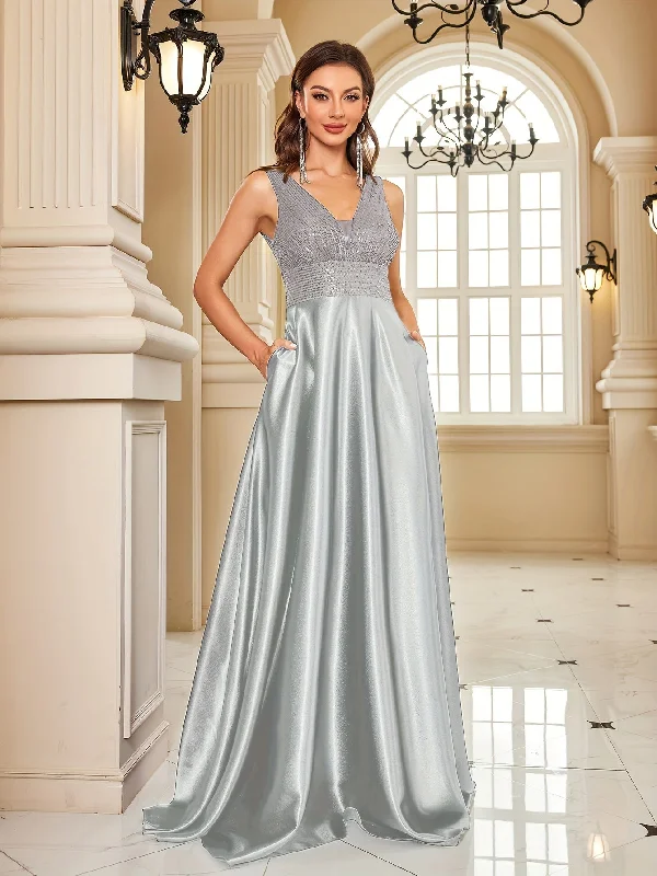 IKEARLAX Sequin Sleeveless Bridesmaid Dress, Elegant V-neck Floor Length Dress For Wedding Party, Women's Clothing Wedding/Evening dress/Occasion/Engagement/Ceremony Tunics Travel practical IKEARLAX Sequin Sleeveless Bridesmaid Dress, Elegant V-neck Floor Length Dress For Wedding Party, Women's Clothing Wedding/Evening dress/Occasion/Engagement/Ceremony Tunics Travel practical