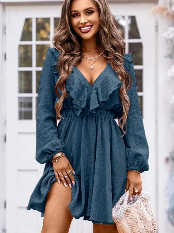 Ruffle Trim Mini Dress, V-Neck, Long Sleeves, High Waist Comfortable Zip-Up Mini Dress