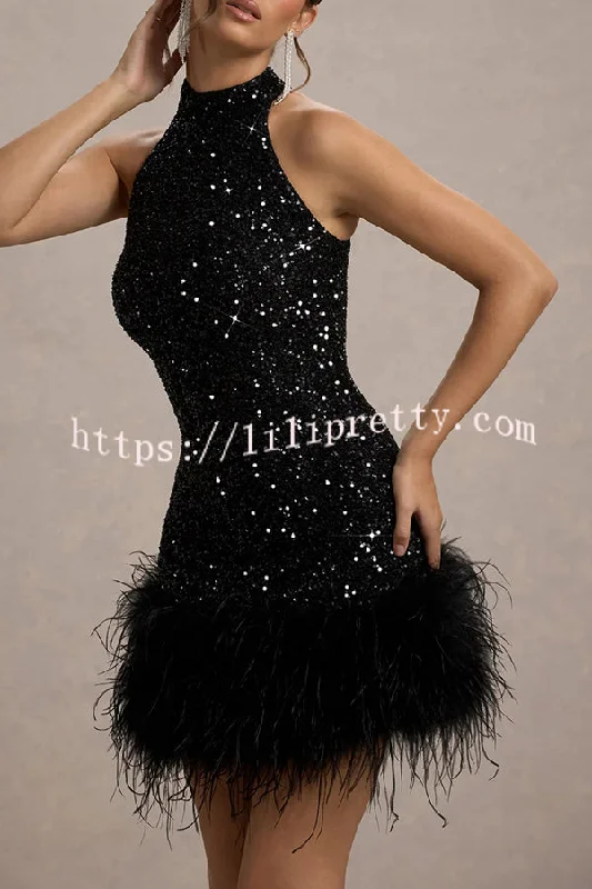Dazzling and Playful Sequin High Neck Feather Trim Stretch Mini Dress Stylish Sweetheart Neck Mini Dress