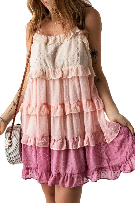 Pink and Beige Mini Dress with Ruffles Elegant Off-Shoulder Dress Mini
