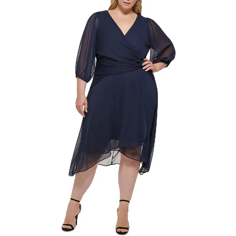 Plus Womens Surplice Midi Fit & Flare Dress Tunics Chic fashionable