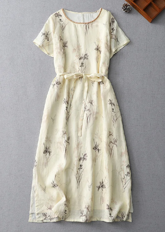 Boutique Apricot O-Neck Print Tie Waist Cotton Dress Summer AM1044 Halter Neckline Beach