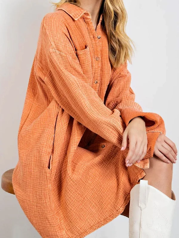 Pocket Mini Dress in Orange Stylish Puff Sleeve Mini Dress