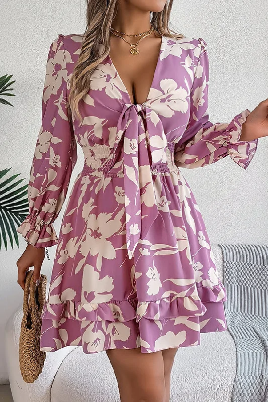 Floral Print V-neck Lace-up Long-sleeve Elastic Waist Mini Dress Comfortable Smocked Mini Dress Floral Print V-neck Lace-up Long-sleeve Elastic Waist Mini Dress Comfortable Smocked Mini Dress