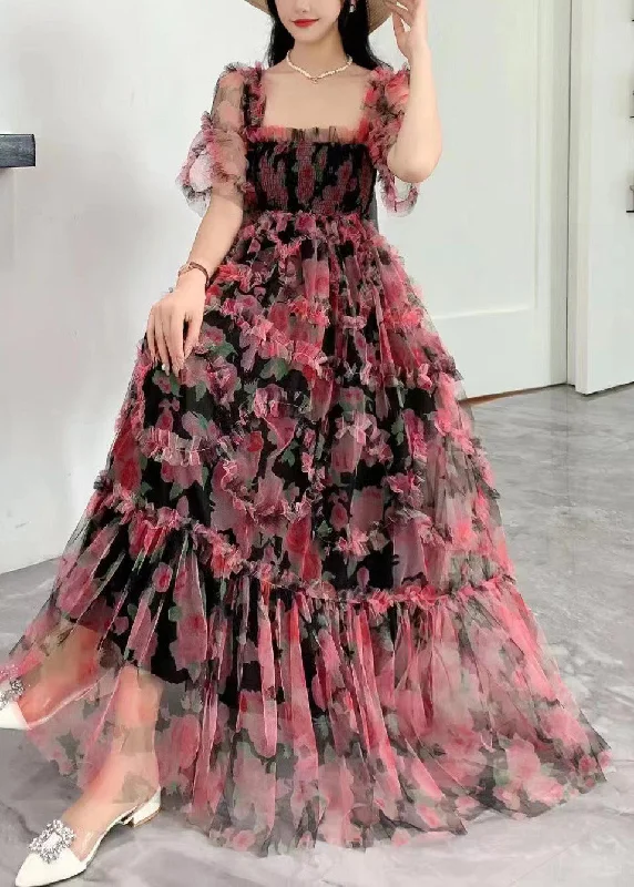 Vogue Black Square Collar Ruffled Print Tulle Long Dress Summer AZ1011 Floral Print girly Vogue Black Square Collar Ruffled Print Tulle Long Dress Summer AZ1011 Floral Print girly