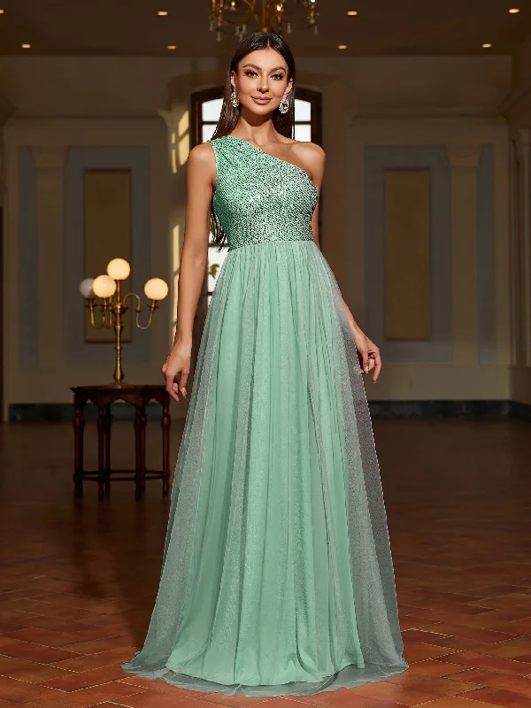 Long Sequin One Shoulder Fit and Flare Elegant Dress - Shining Contrast Mesh, Sleeveless Floor Length Formal Party Dress for Women - All-Season, Micro Elasticity, Woven, Solid Color, No Printing Tunics Leisure comfortable Long Sequin One Shoulder Fit and Flare Elegant Dress - Shining Contrast Mesh, Sleeveless Floor Length Formal Party Dress for Women - All-Season, Micro Elasticity, Woven, Solid Color, No Printing Tunics Leisure comfortable