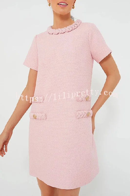 Confident and Chic Tweed Fabric Braided Trim Vintage Button Shift Mini Dress Chic Tropical Mini Dress Confident and Chic Tweed Fabric Braided Trim Vintage Button Shift Mini Dress Chic Tropical Mini Dress