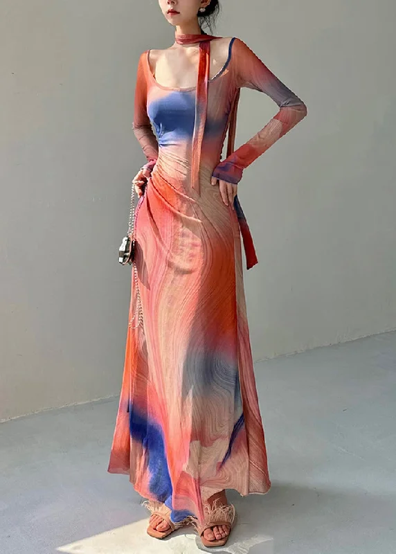 Stylish O Neck Print Slim Fit Tulle Long Dresses Fall AL1069 Tunics Distressed trendy Stylish O Neck Print Slim Fit Tulle Long Dresses Fall AL1069 Tunics Distressed trendy