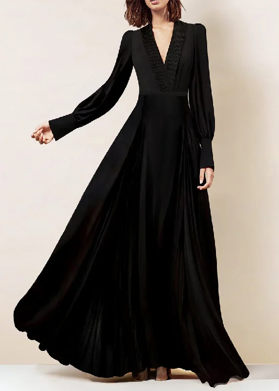 Italian Black V Neck Wrinkled Zippered Chiffon Maxi Dresses Fall AM1028 Tunics Vintage classic Italian Black V Neck Wrinkled Zippered Chiffon Maxi Dresses Fall AM1028 Tunics Vintage classic