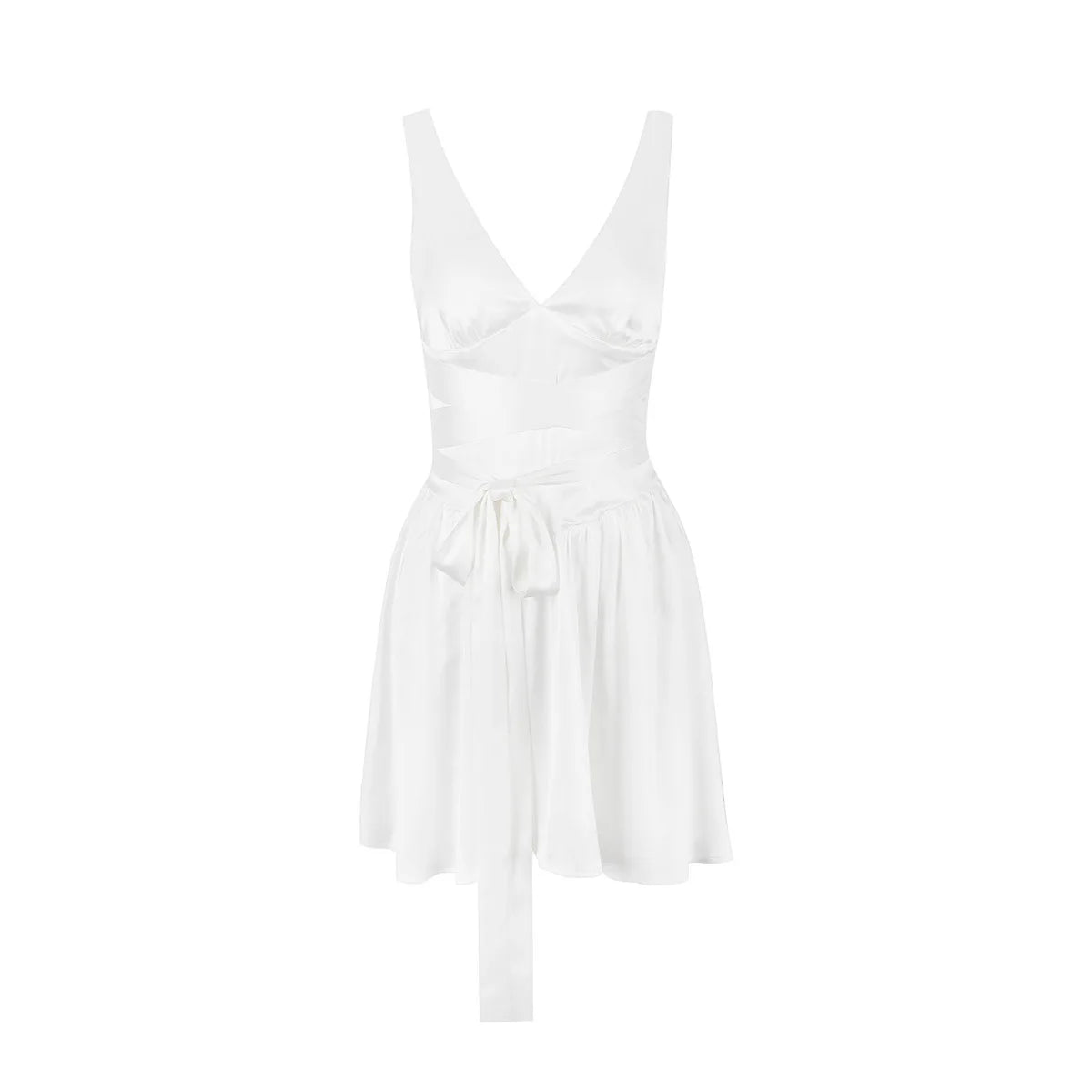 A&A White Satin Summer V Neck A Line Mini Dress Comfortable Polka Dot Mini Dress