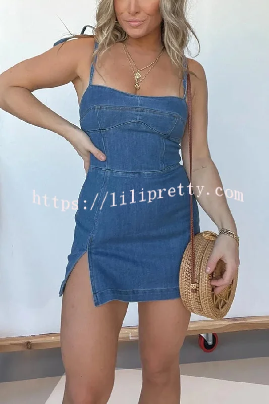 Sexy Backless Slim Fit Slit Denim Mini Dress Stylish Ribbed Mini Dress