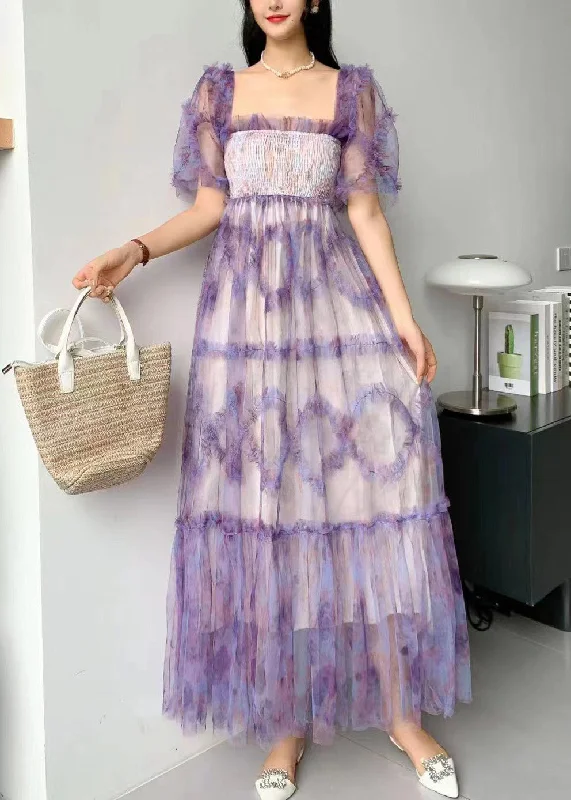 Princess Purple Square Collar Ruffled Print Tulle Long Dress Summer AZ1006 Crew Neckline Sporty Princess Purple Square Collar Ruffled Print Tulle Long Dress Summer AZ1006 Crew Neckline Sporty