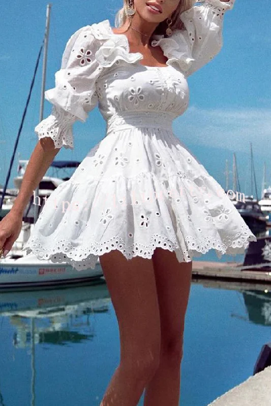 Temperament Commuting Bell Sleeves Hollow High Waist Mini Dress Fashionable Denim Mini Dress Temperament Commuting Bell Sleeves Hollow High Waist Mini Dress Fashionable Denim Mini Dress
