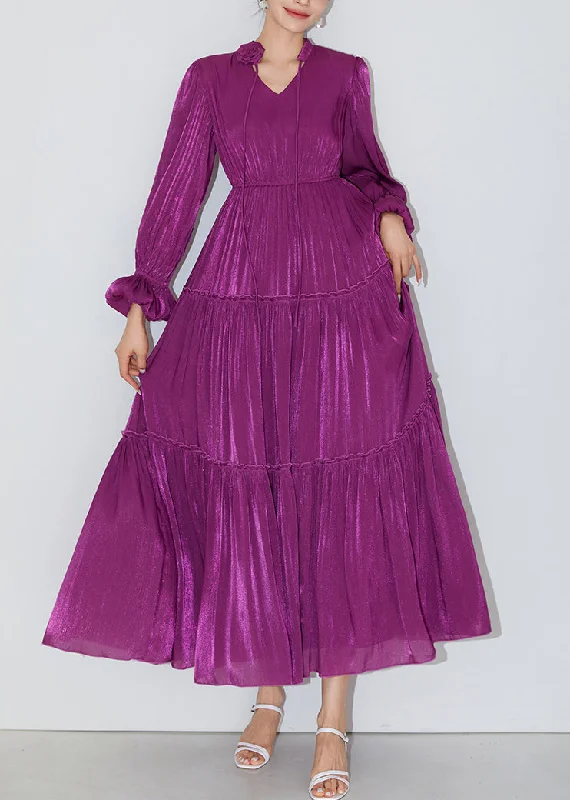 Italian Purple Ruffled Elastic Waist Silk Long Dresses Butterfly Sleeve AM1005 Turtleneck Neckline Stylish Italian Purple Ruffled Elastic Waist Silk Long Dresses Butterfly Sleeve AM1005 Turtleneck Neckline Stylish