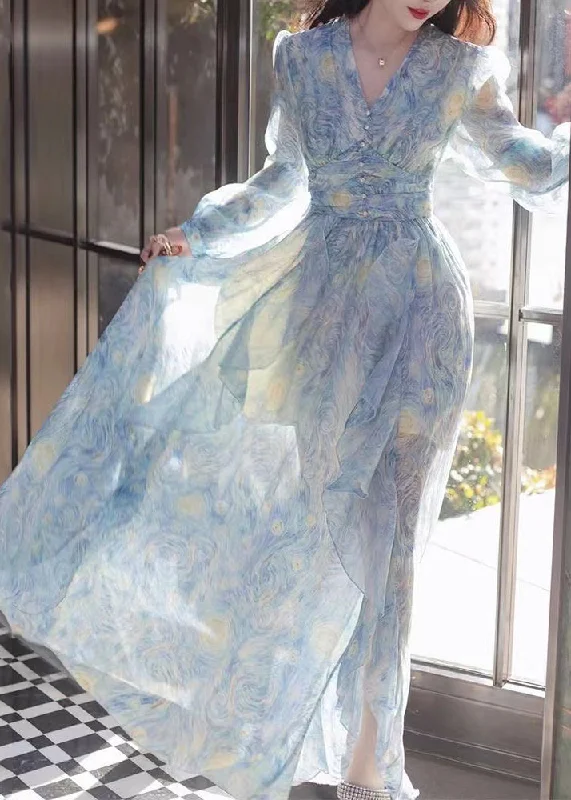 New Blue V Neck Print Chiffon Long Dresses Long Sleeve AJ1039 Tunics Office stylish