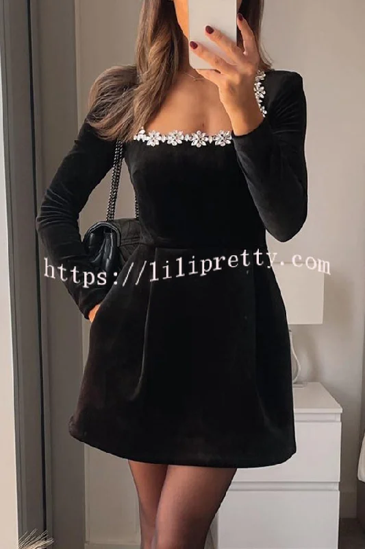 Endless Celebration Velvet Jewel Embellished Trim Long Sleeve Pocketed Mini Dress Cozy T-Shirt Mini Dress Endless Celebration Velvet Jewel Embellished Trim Long Sleeve Pocketed Mini Dress Cozy T-Shirt Mini Dress