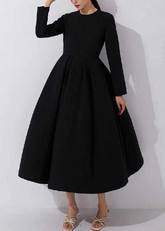 French Black Zippered Nail Bead Long Dresses Fall AM1017 Crew Neckline Casual