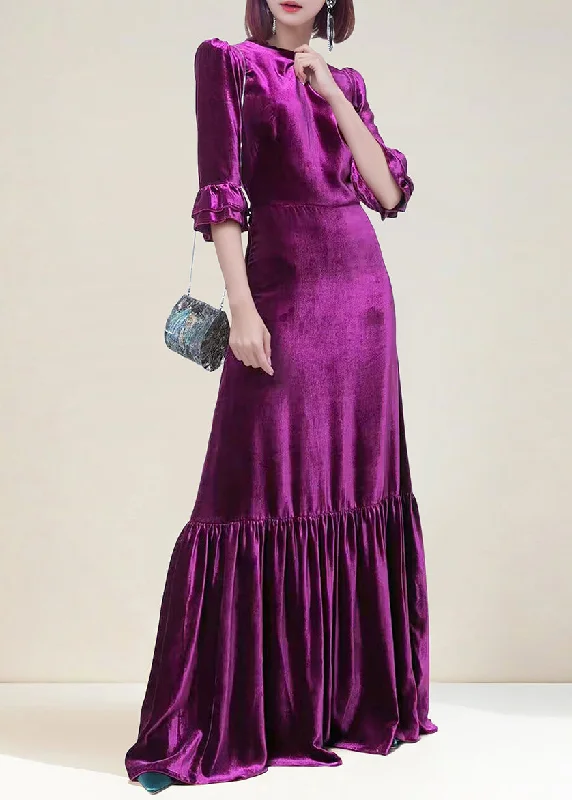 Italian Purple Zippered Wrinkled Velour Long Dress Butterfly Sleeve AM1036 Tunics Lace romantic