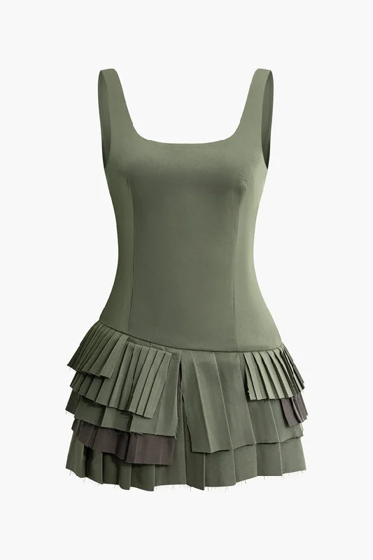A&A Asymmetrical Ruffle Square Collar Mini Dress Trendy Mesh Mini Dress