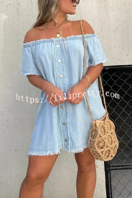 Fashionable Off Shoulder Short-sleeved Loose Denim Mini Dress Cozy Sweater Mini Dress Fashionable Off Shoulder Short-sleeved Loose Denim Mini Dress Cozy Sweater Mini Dress