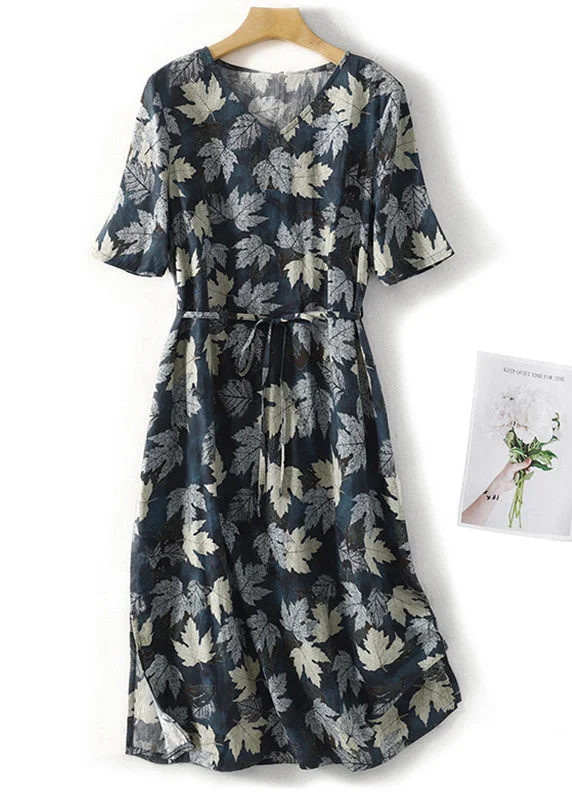 Boho Blue V Neck Print Tie Waist Cotton Dress Summer AM1043 Tunics Long Elegant