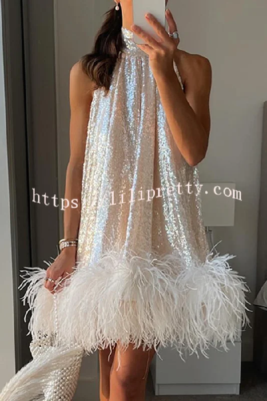 Dancefloor Elf Sequin Feather Trim High Neck A-line Mini Dress Chic Mini Dress with V-Neck Dancefloor Elf Sequin Feather Trim High Neck A-line Mini Dress Chic Mini Dress with V-Neck