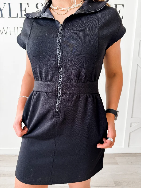 Hadley Scuba Half Zip Mini Dress Elegant Off-Shoulder Dress Mini