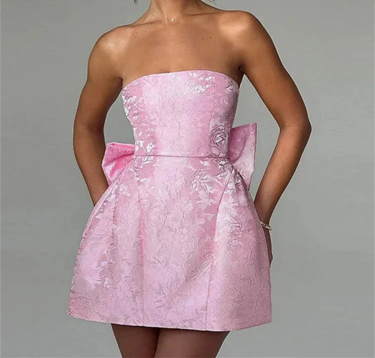 A&A Luxe Strapless Floral Print Bow Tie Mini Dress Elegant Lace-Up Mini Dress
