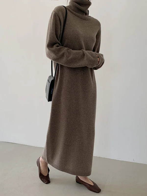 Casual Khaki High-Neck Long Sleeve Sweater Dress AN1061 Tunics Ceremony elegant