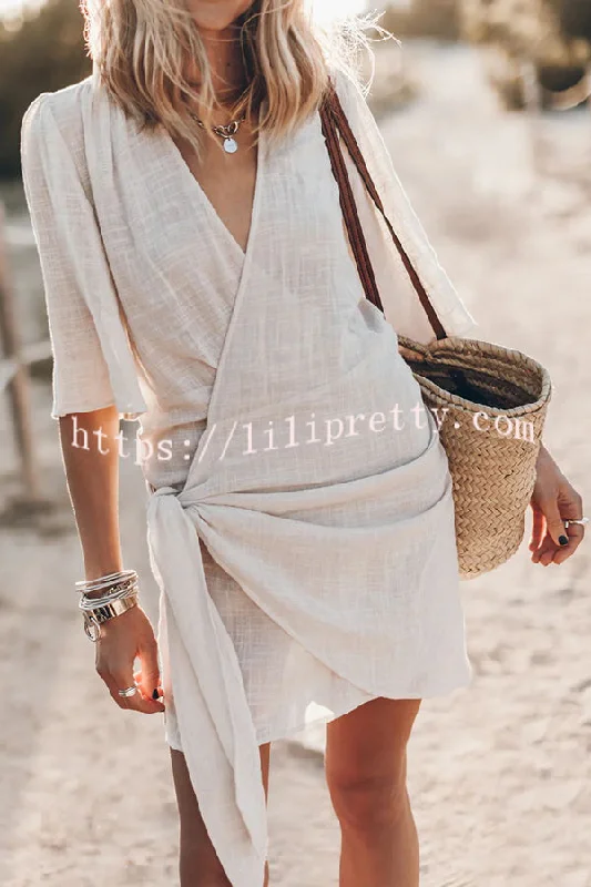 Easy Breezy Cotton Linen Blend Knotted Wrap Mini Dress Trendy Off-Shoulder Dress Mini Easy Breezy Cotton Linen Blend Knotted Wrap Mini Dress Trendy Off-Shoulder Dress Mini