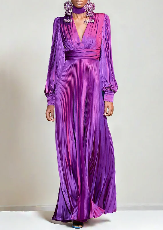 French Purple V Neck Wrinkled High Waist Silk Ankle Dress Fall AM1006 Maxi Flowy Bohemian