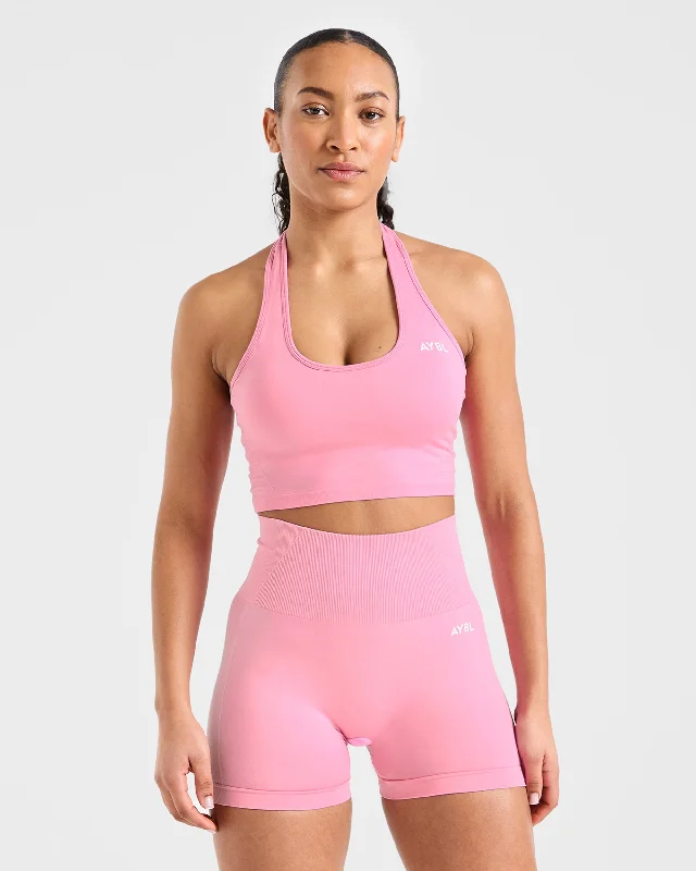 Empower Seamless Halterneck Crop Top - Baby Pink Mesh Canvas Denim