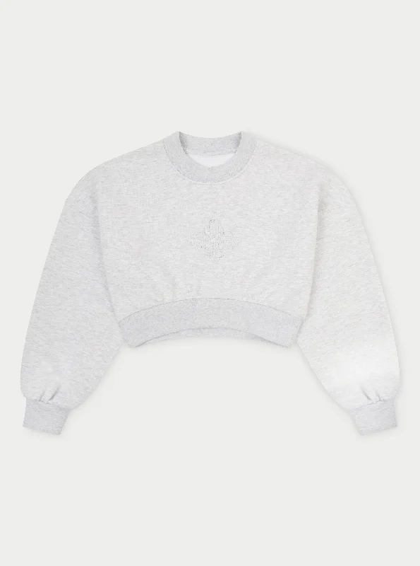 EMBLEM CROP RUCHED SWEATSHIRT - GREY MARL Hoodie with Mock Neck Collared Structured