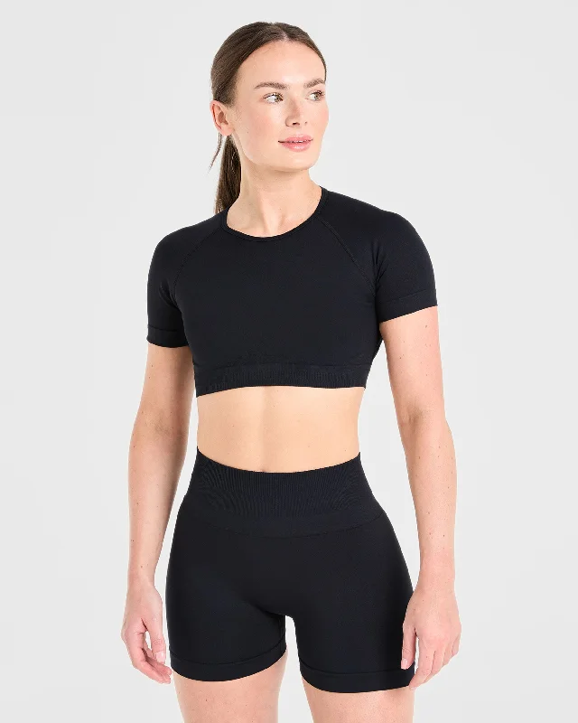 Power Seamless Crop Top - Black Thin Crop Top Open Front Quick Dry